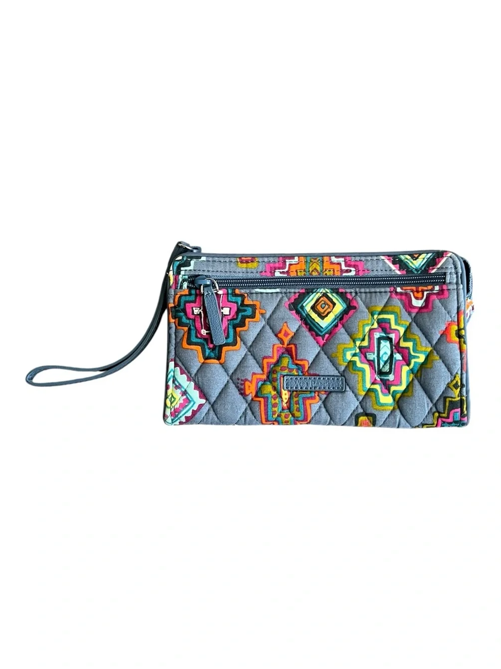 Vera Bradley Gray Blue Quilted Wristlet Wallet with Geometric Print